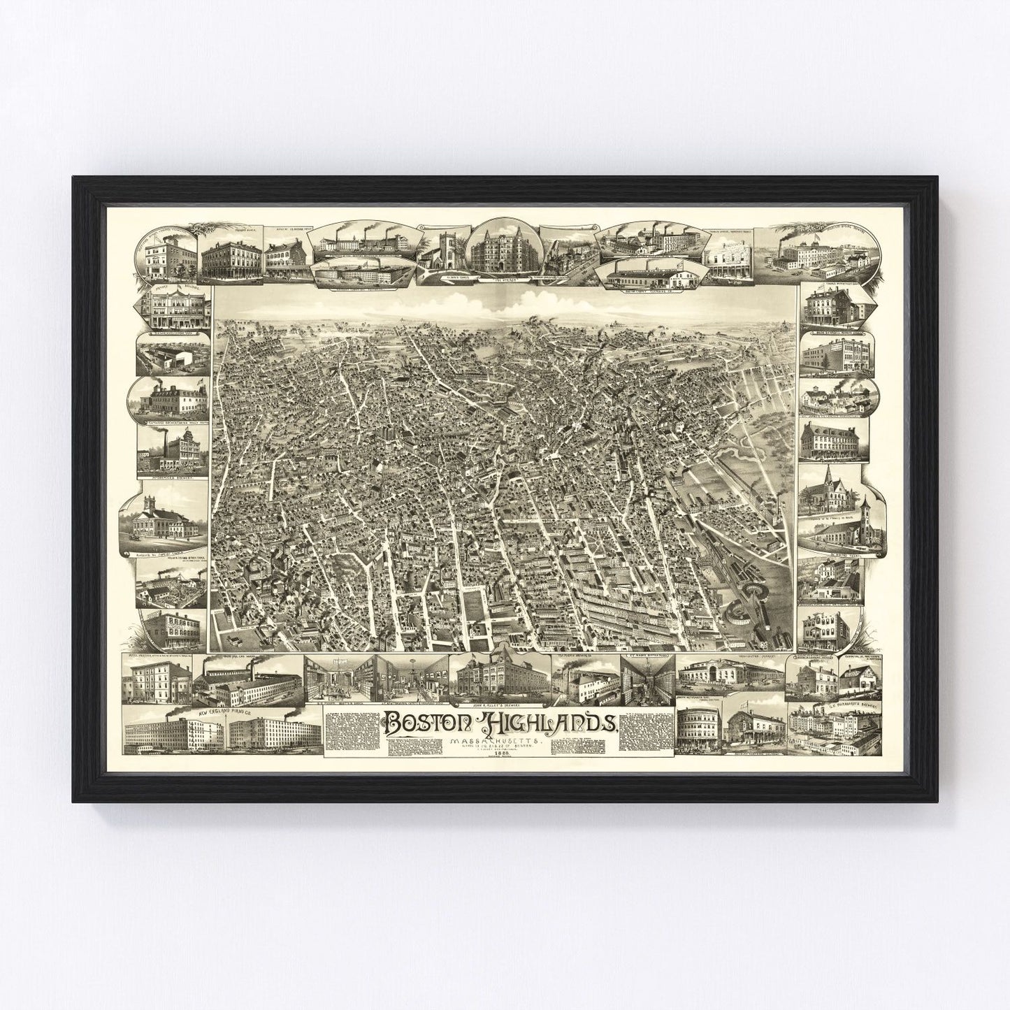 vintage map of Boston Highlands, Massachusetts, 1888, restored print wall art