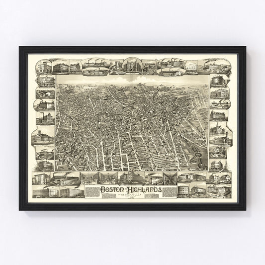 vintage map of Boston Highlands, Massachusetts, 1888, restored print wall art