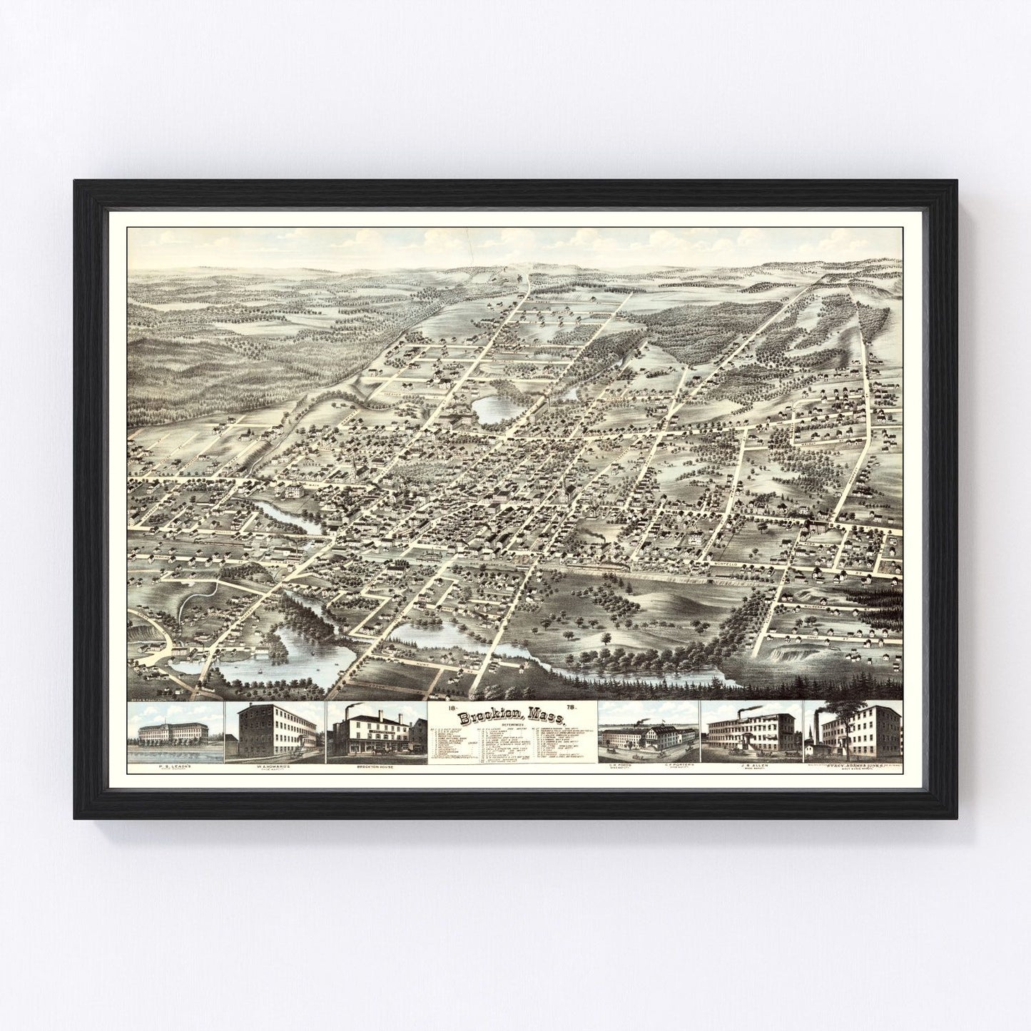 vintage map of Brockton Massachusetts 1878, restored print wall art
