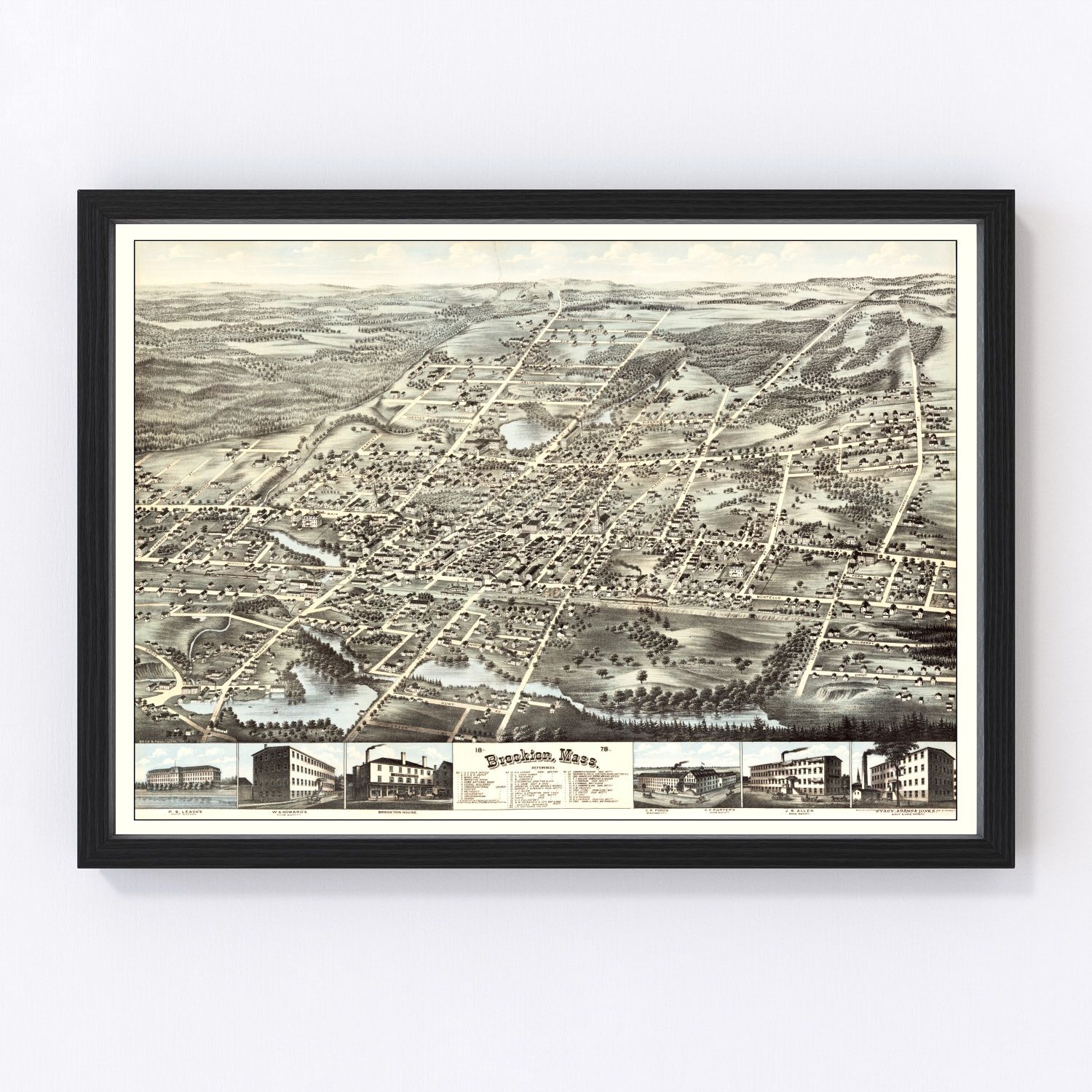 vintage map of Brockton Massachusetts 1878, restored print wall art