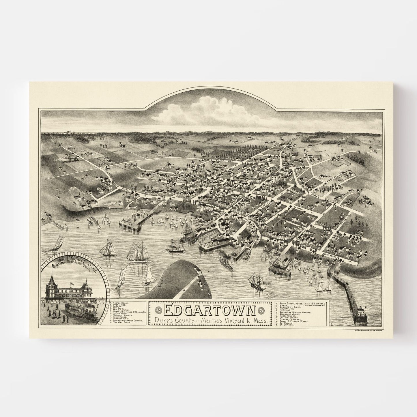 Vintage Map of Edgartown, Massachusetts, 1886