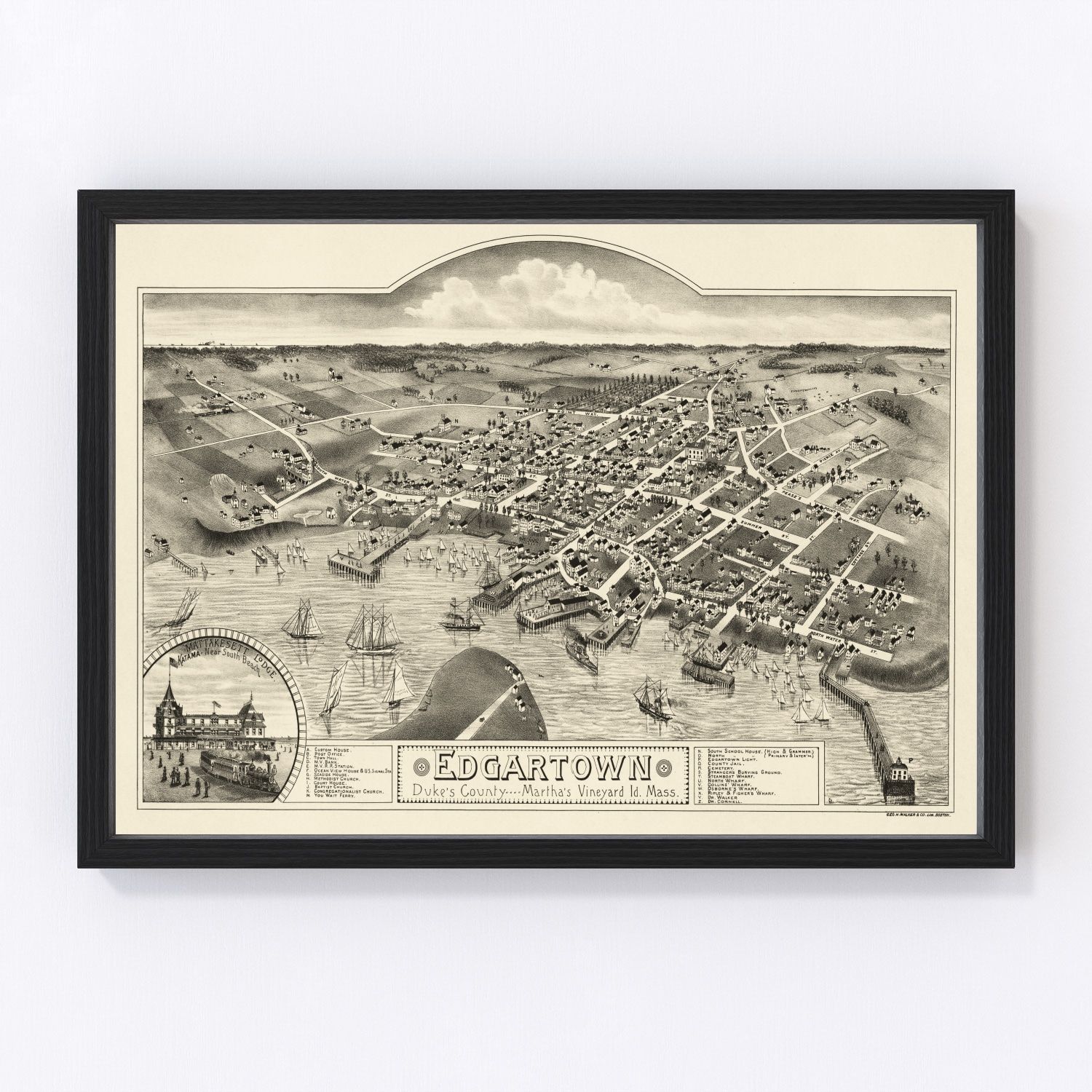 Vintage map of Edgartown, Massachusetts, 1886