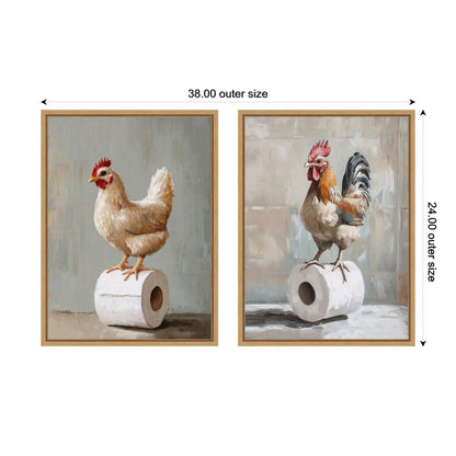 Chicken and Rooster Bathroom 2 Piece Framed Canvas Art Set