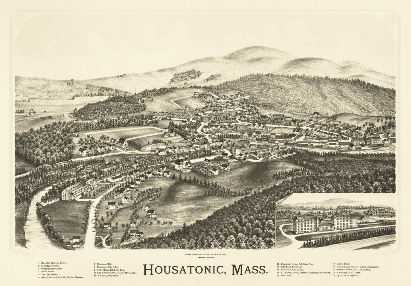 Vintage Map of Housatonic, Berkshire County, Massachusetts, 1890