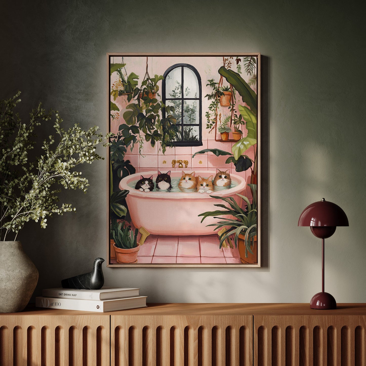 Cat Spa Day Funny Pink Bathtub Cat Wall Art Print