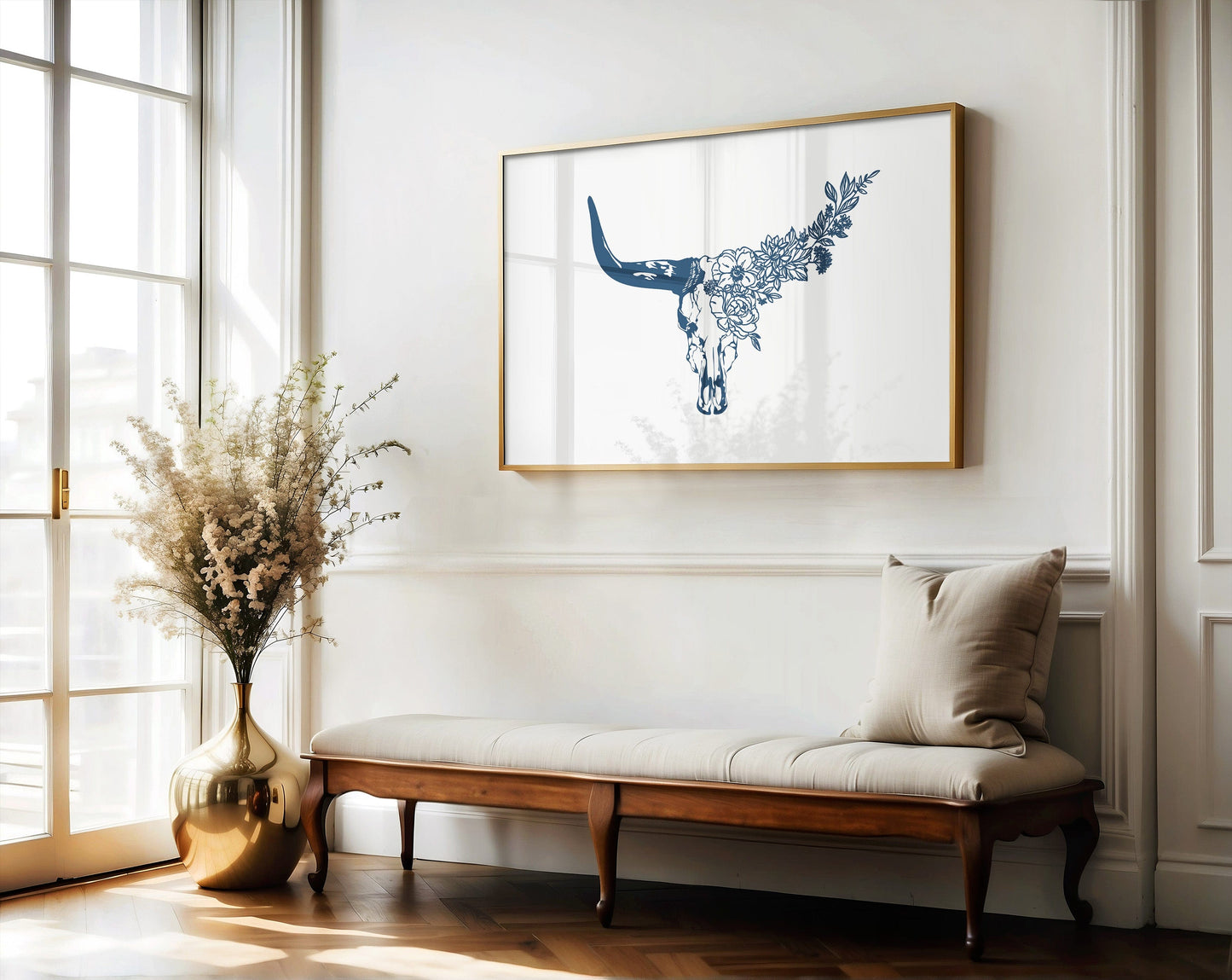 Floral Longhorn Skull Wall Art - Western Boho Print