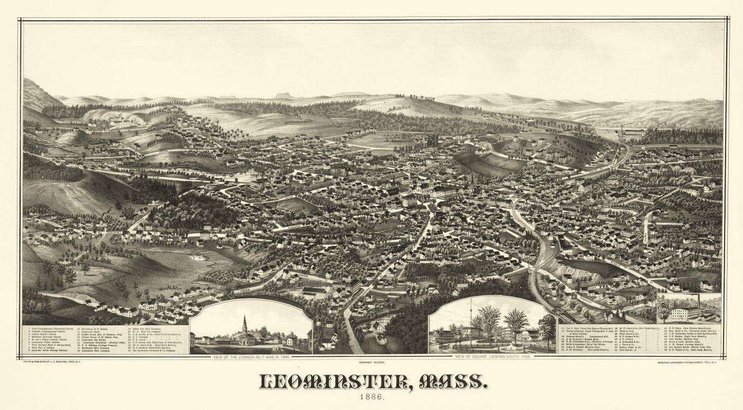 Vintage Map of Leominster, Massachusetts, 1886