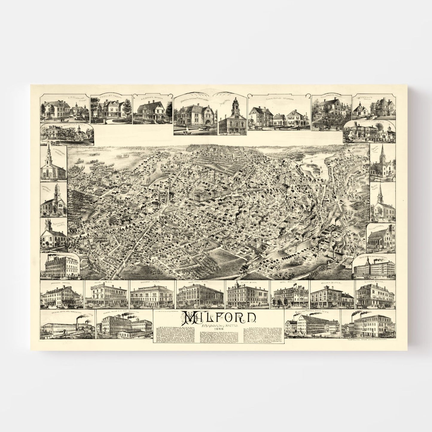 Vintage Map of Milford, Massachusetts, 1888