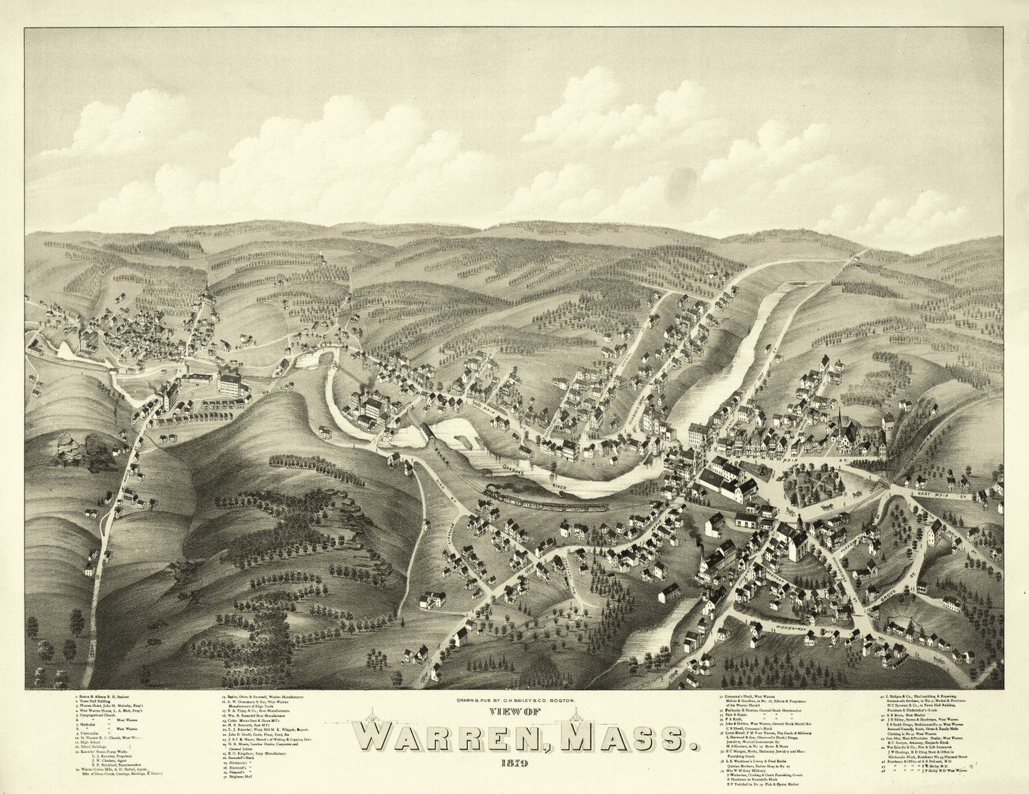 Vintage Map of Warren, Massachusetts, 1879