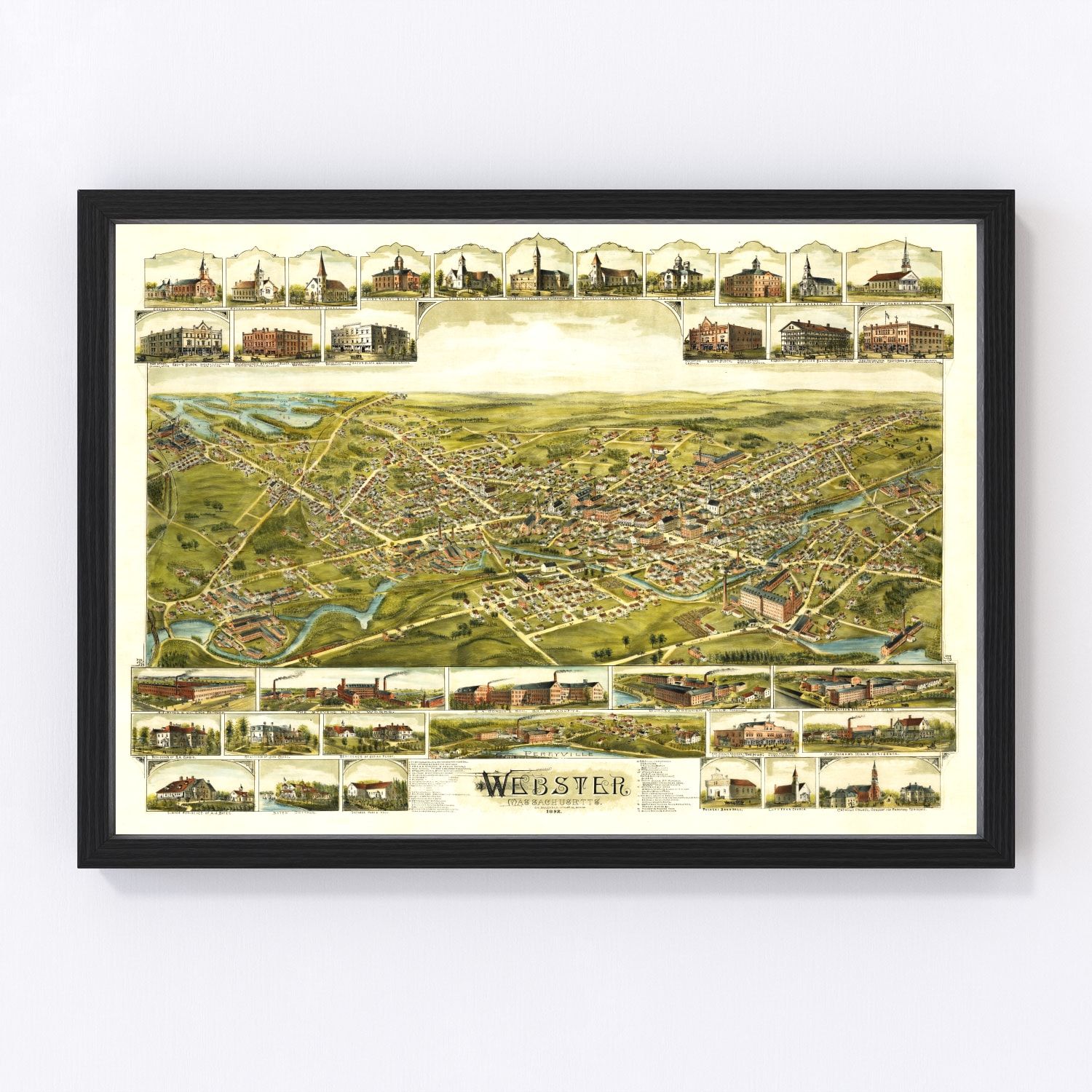 Vintage map of Webster, Massachusetts 1892 Edition B, Worcester County restored