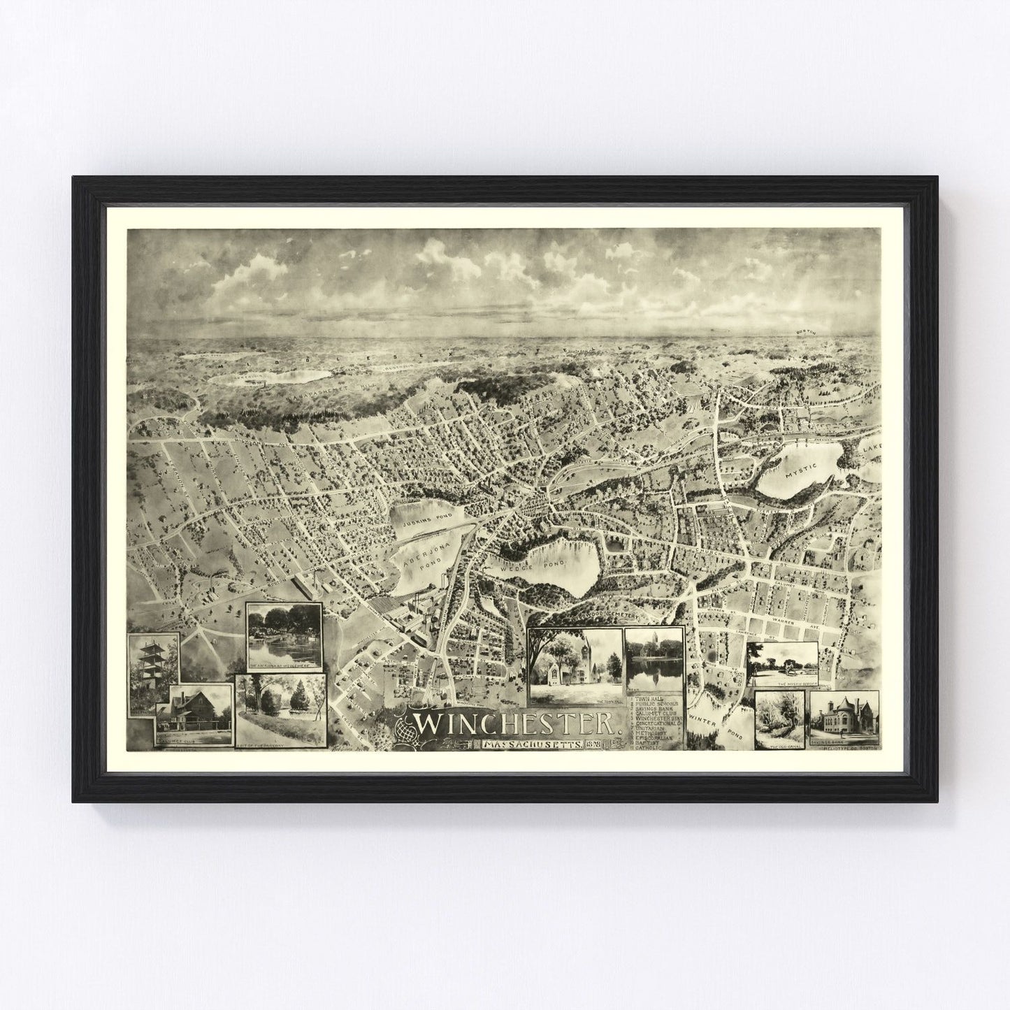 Vintage map of Winchester, Massachusetts, 1898, Victorian suburb restored