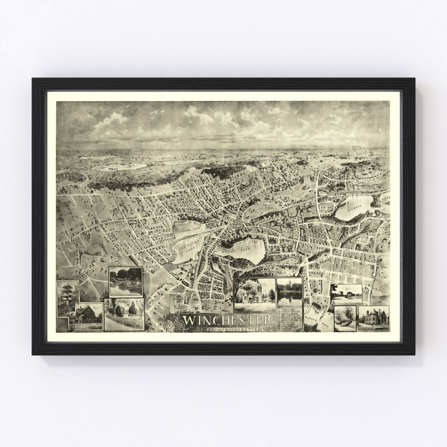 Vintage map of Winchester, Massachusetts, 1898, Victorian suburb restored