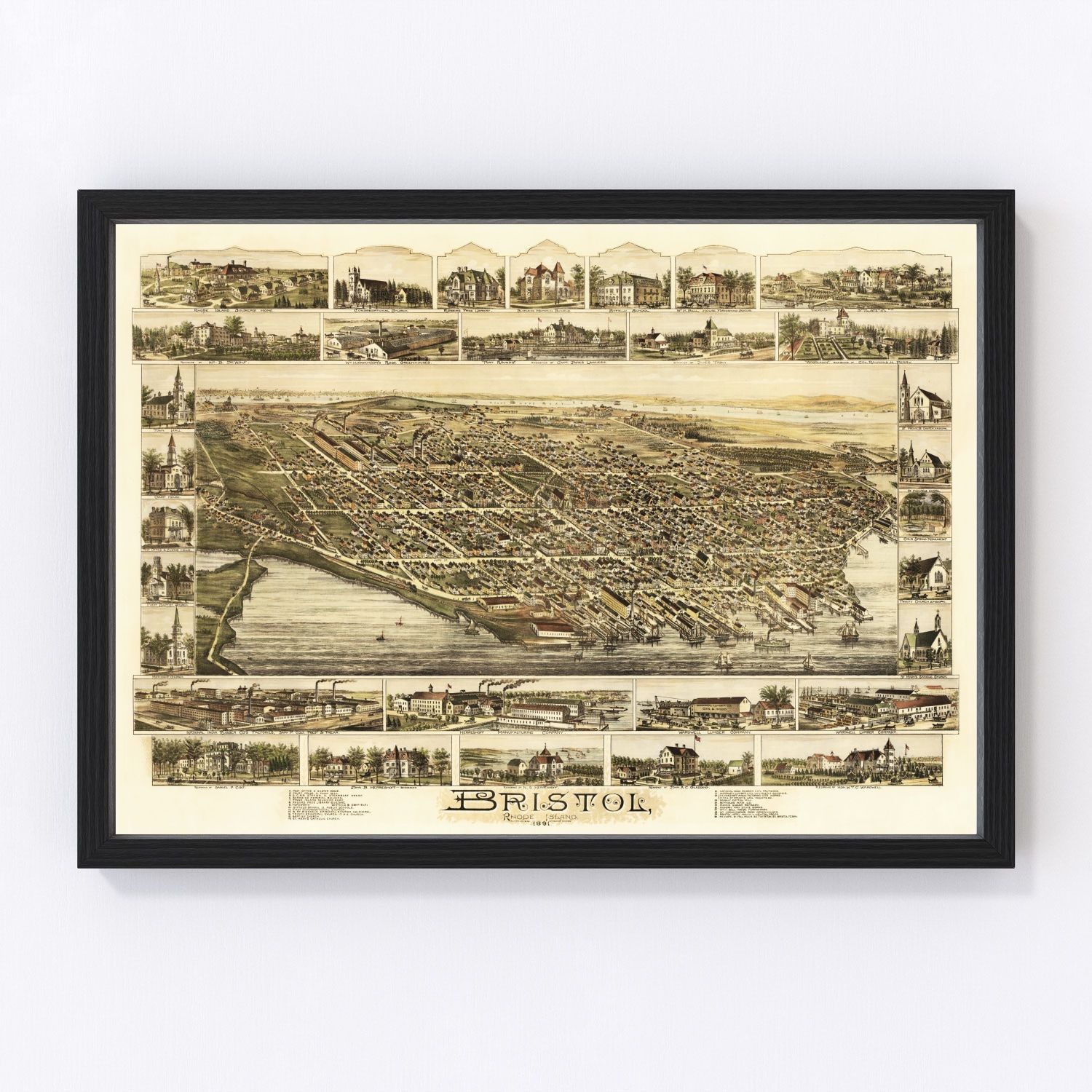 vintage map of Bristol Rhode Island, 1891, restored print wall art