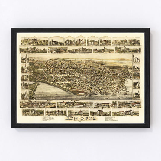 vintage map of Bristol Rhode Island, 1891, restored print wall art