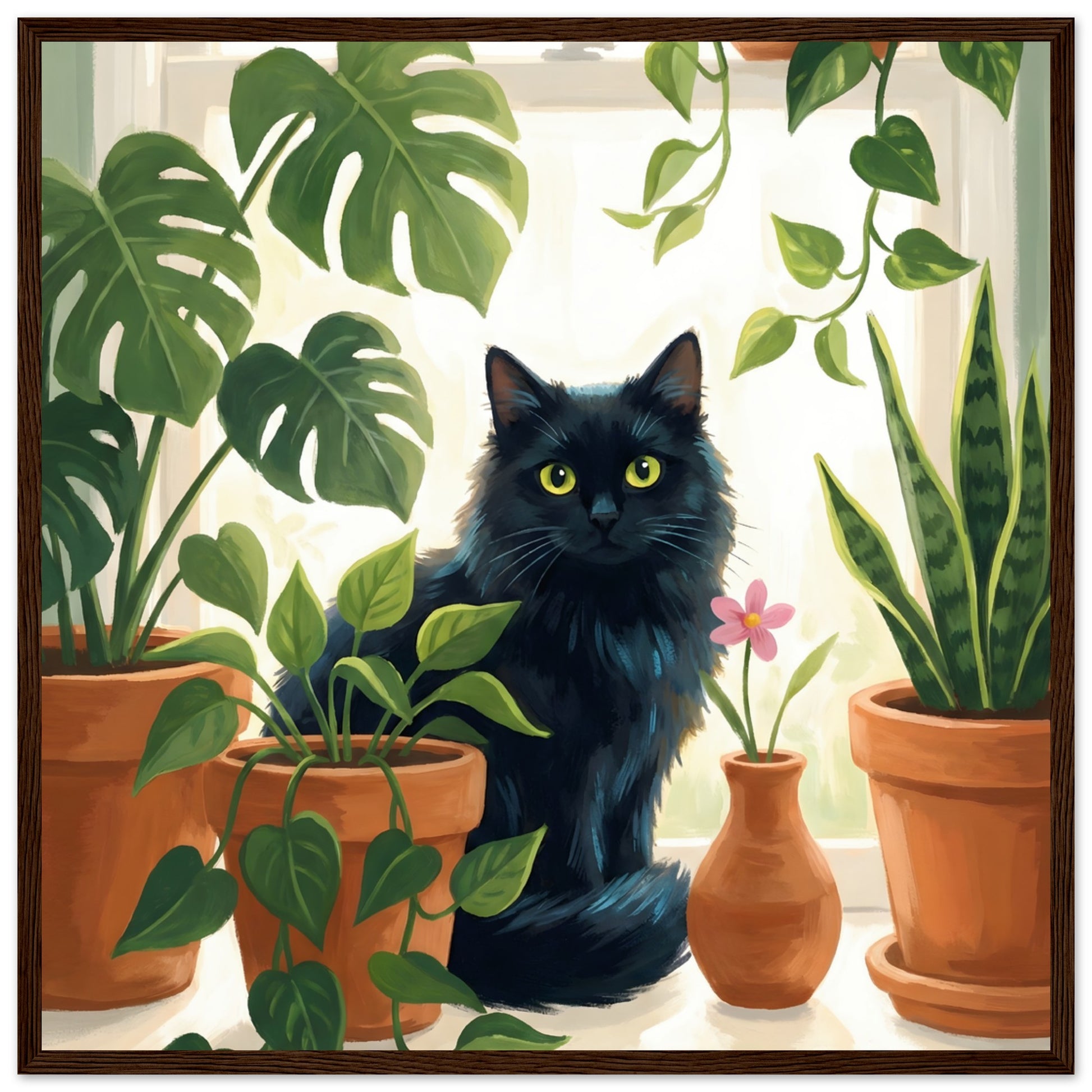 Plant Lover Wall Art - Cat & Houseplants Framed Poster - 50x50 cm / 20x20″ - Dark wood frame / Ready-to-hang - Sparkycare