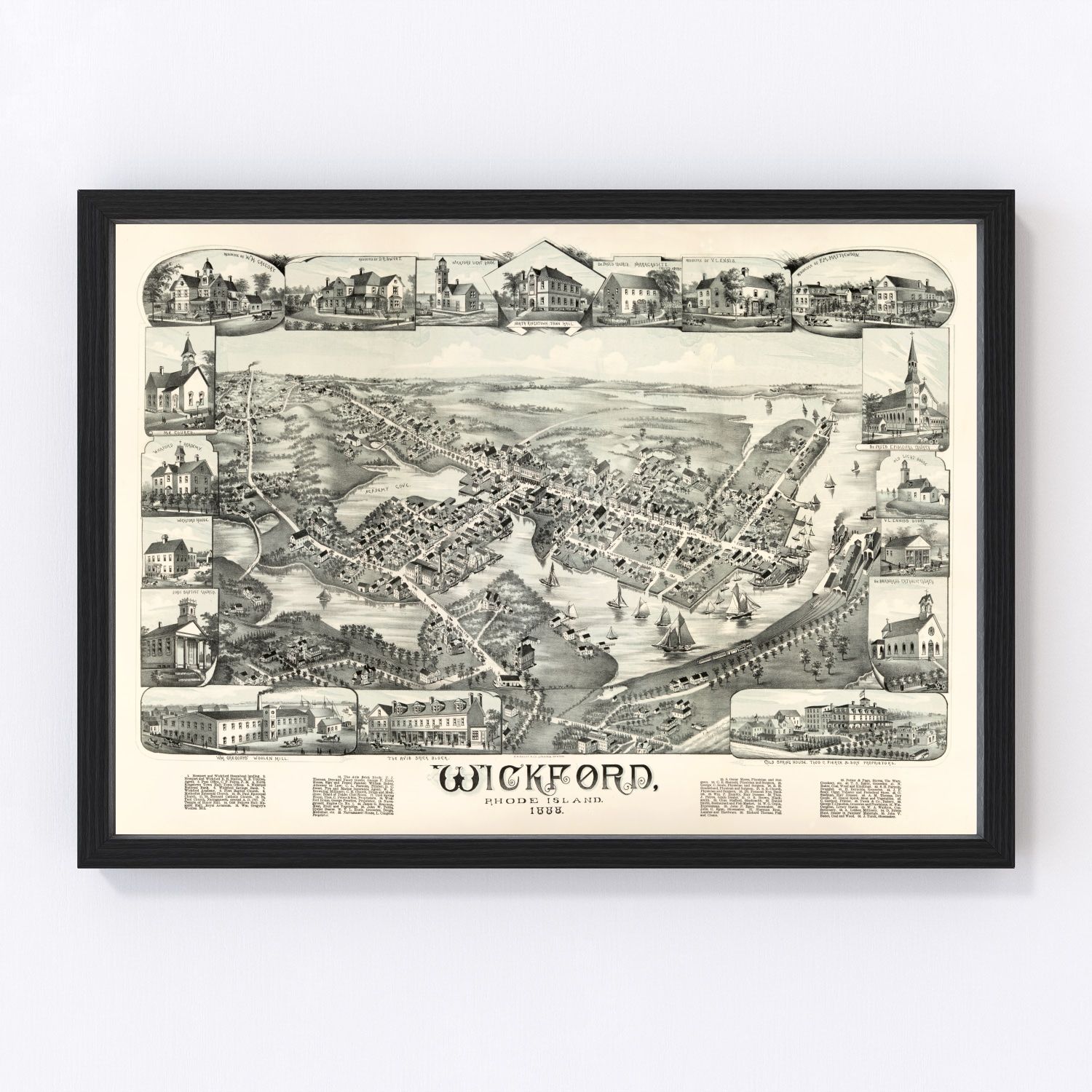 Vintage map of Wickford, Rhode Island, 1888, harbor village and Narragansett Bay shore