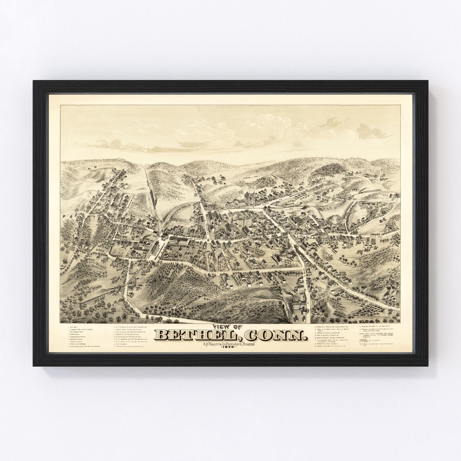 Vintage map of Bethel, Fairfield County, Connecticut, 1879, restored print