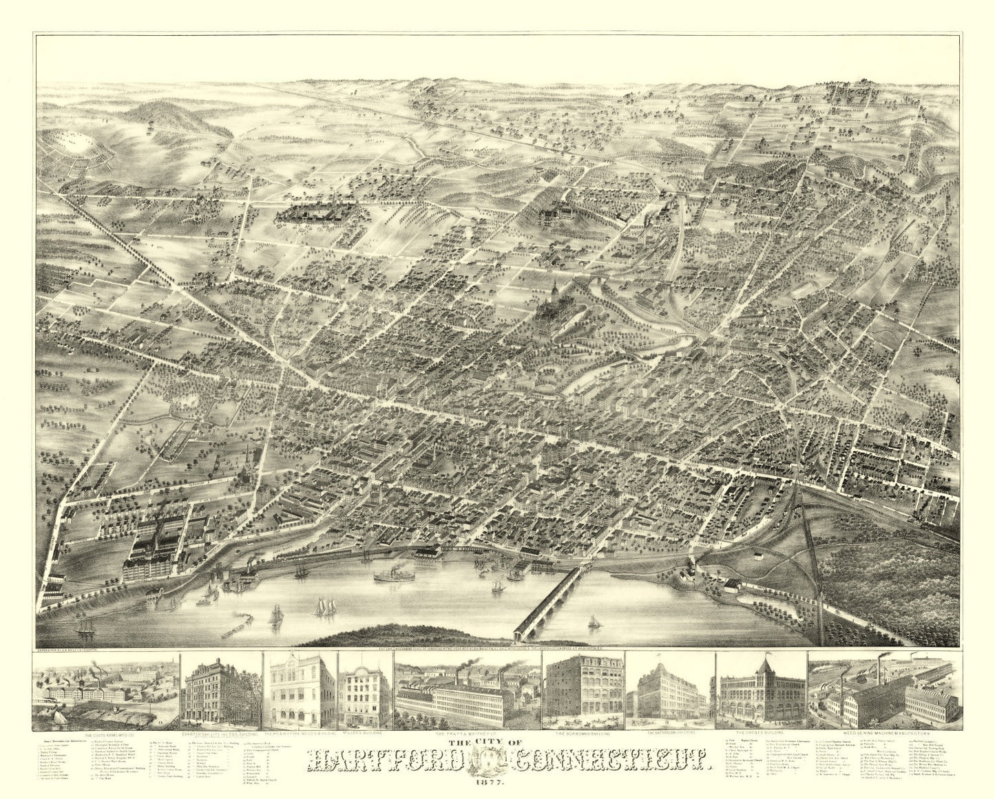 Vintage Map of Hartford, Connecticut, 1877