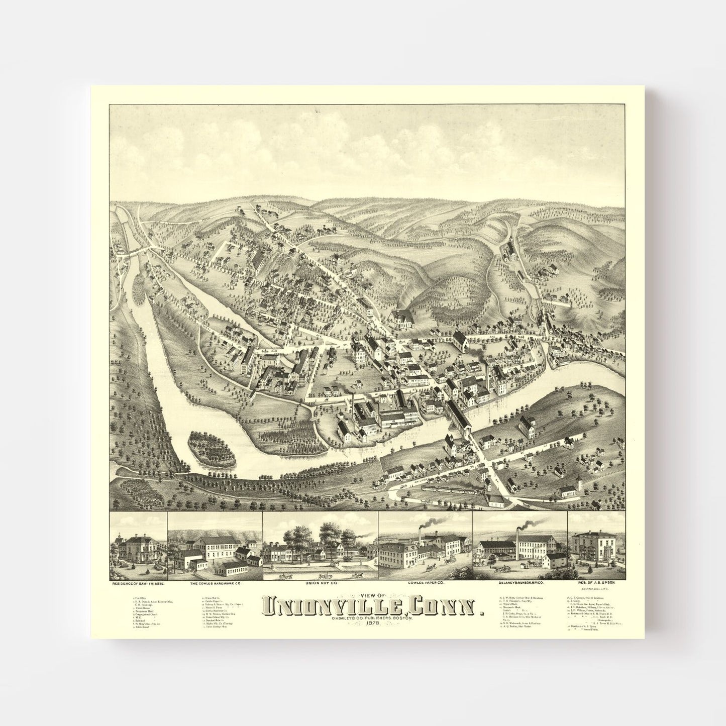 Vintage Map of Unionville, Connecticut, 1878