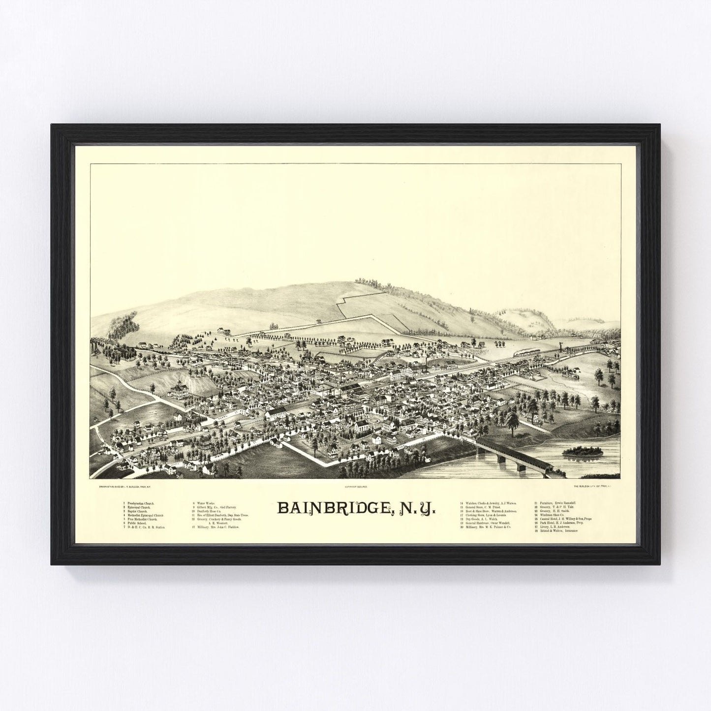 Vintage map of Bainbridge, New York Chenango River village, 1889