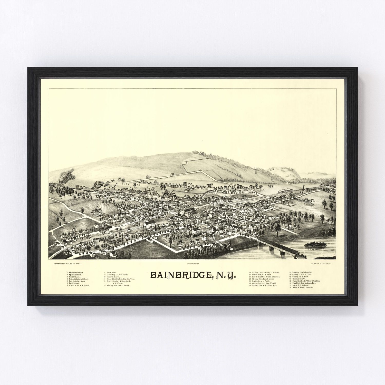Vintage map of Bainbridge, New York Chenango River village, 1889