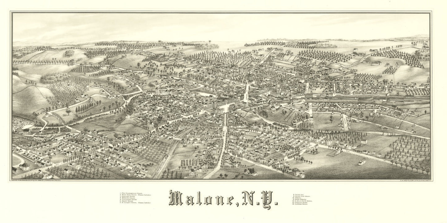 Vintage Map of Malone, New York, 1886
