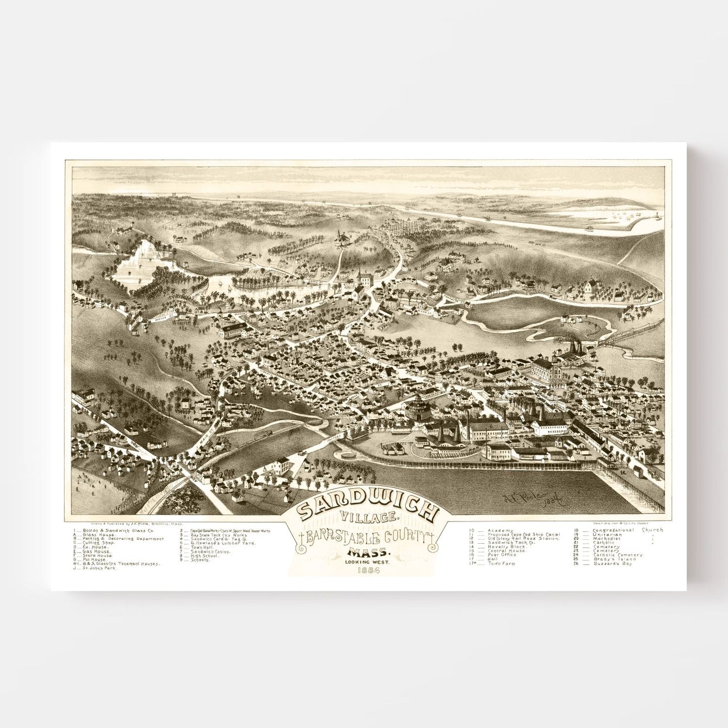 Vintage Map of Sandwich Village, Massachusetts, 1884