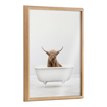Highland cow solo bathtub framed glass wall art, funny bathroom decor