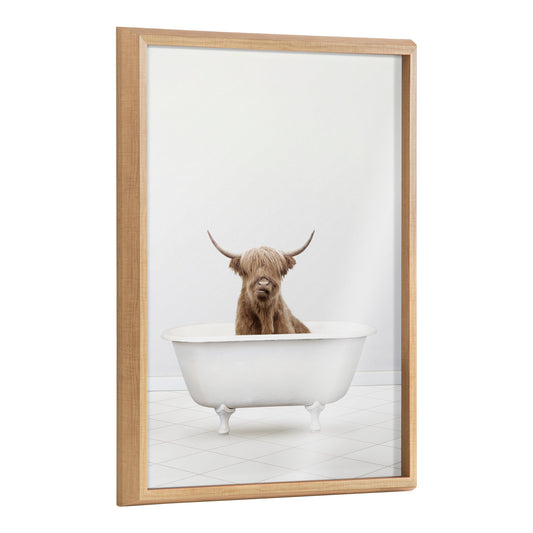 Highland cow solo bathtub framed glass wall art, funny bathroom decor