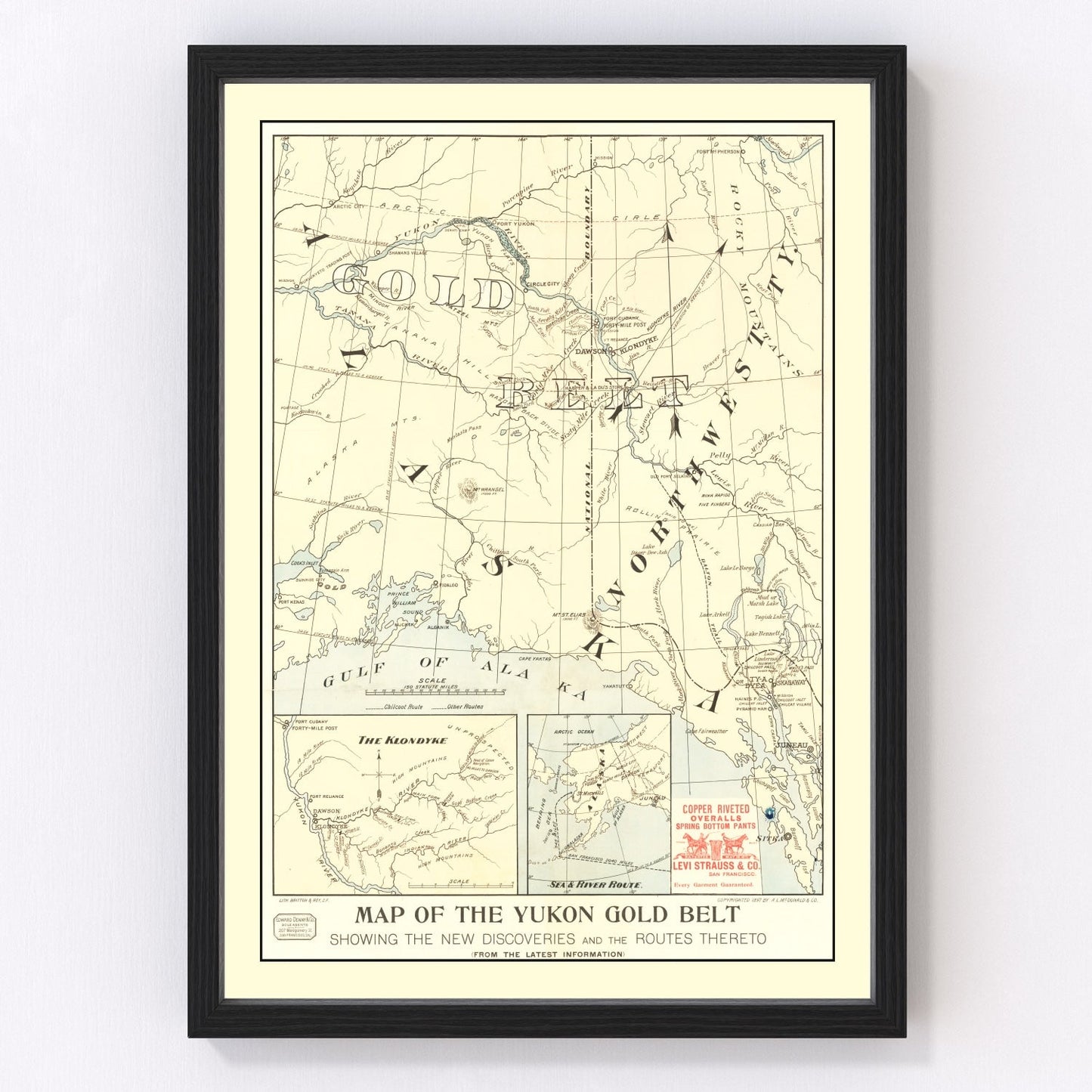 Vintage 1897 Yukon Gold Belt map Alaska showing gold fields and mining claims, restored print