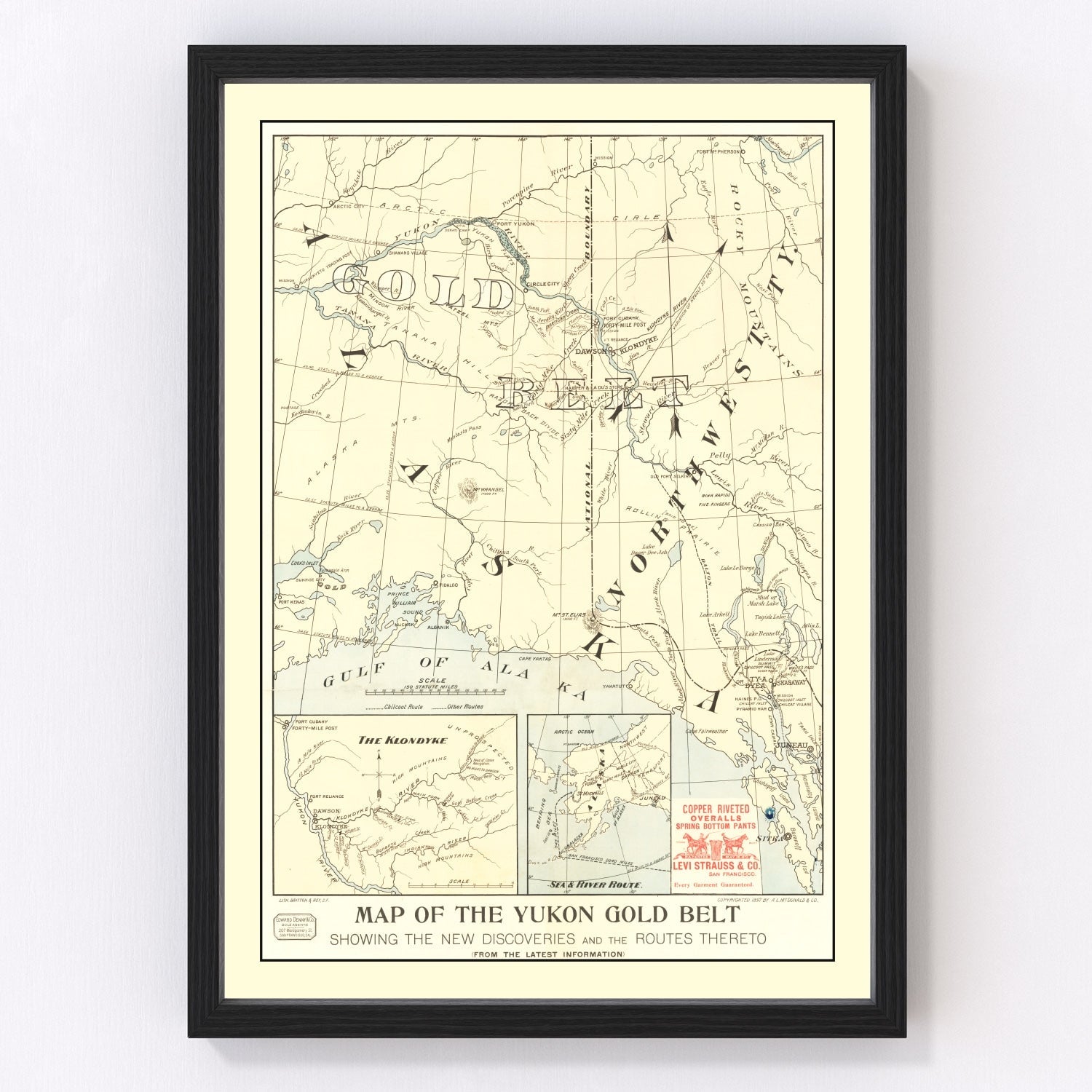 Vintage 1897 Yukon Gold Belt map Alaska showing gold fields and mining claims, restored print