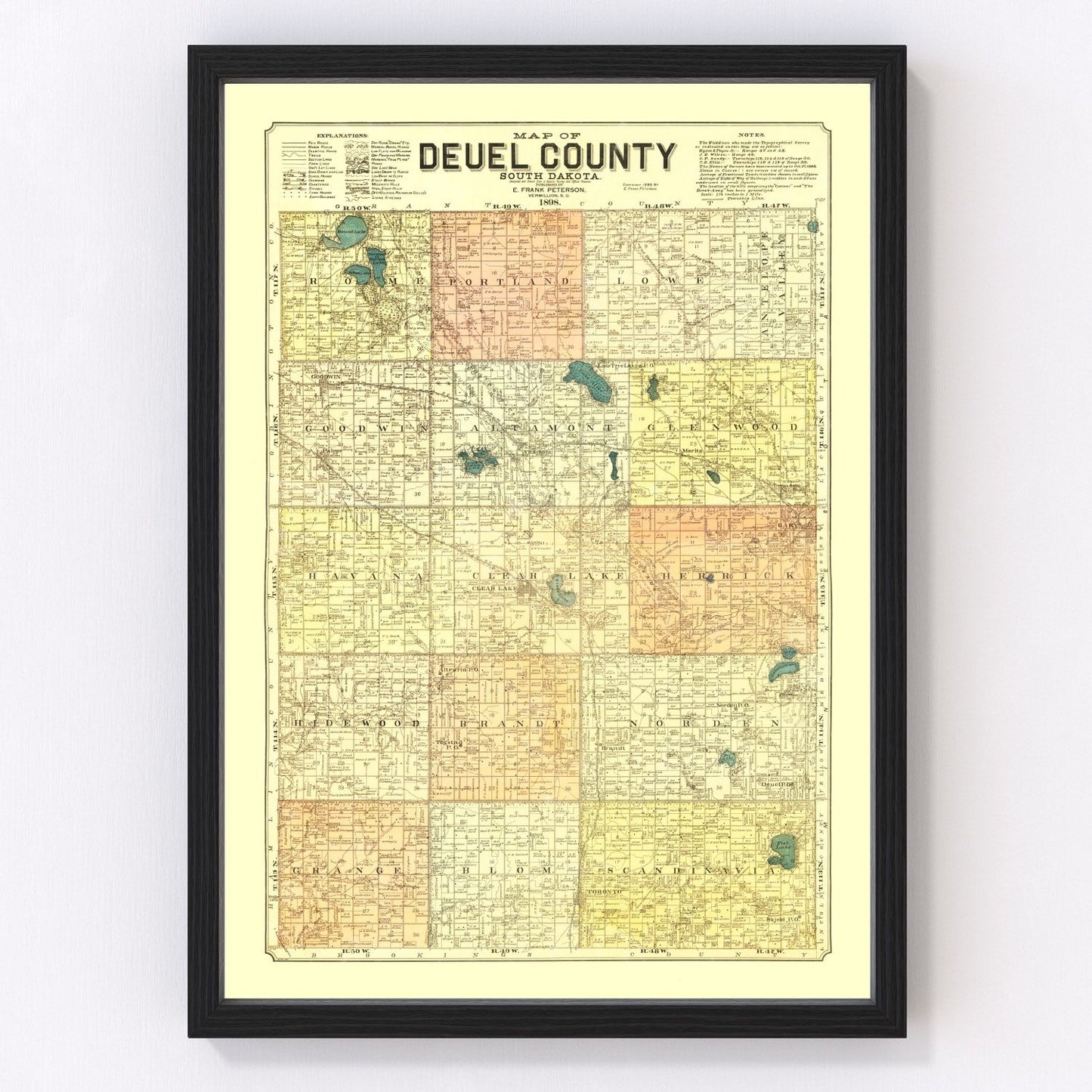Vintage restored map of Deuel County, South Dakota, 1899, eastern prairie township