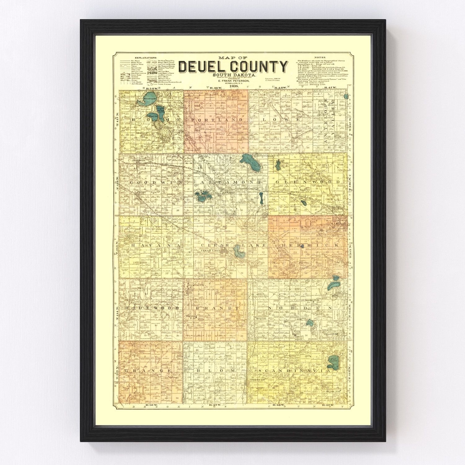 Vintage restored map of Deuel County, South Dakota, 1899, eastern prairie township