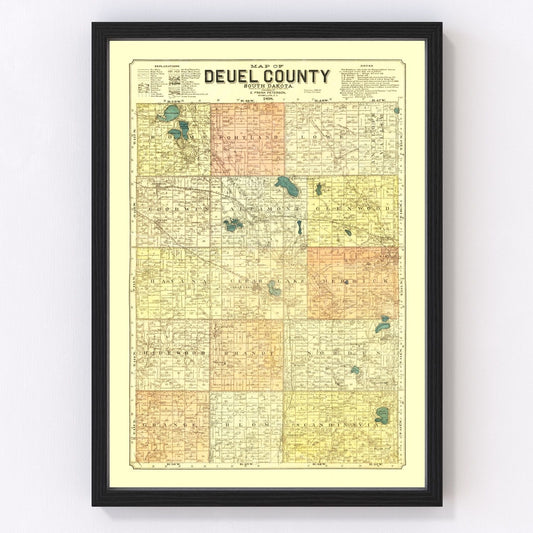 Vintage restored map of Deuel County, South Dakota, 1899, eastern prairie township