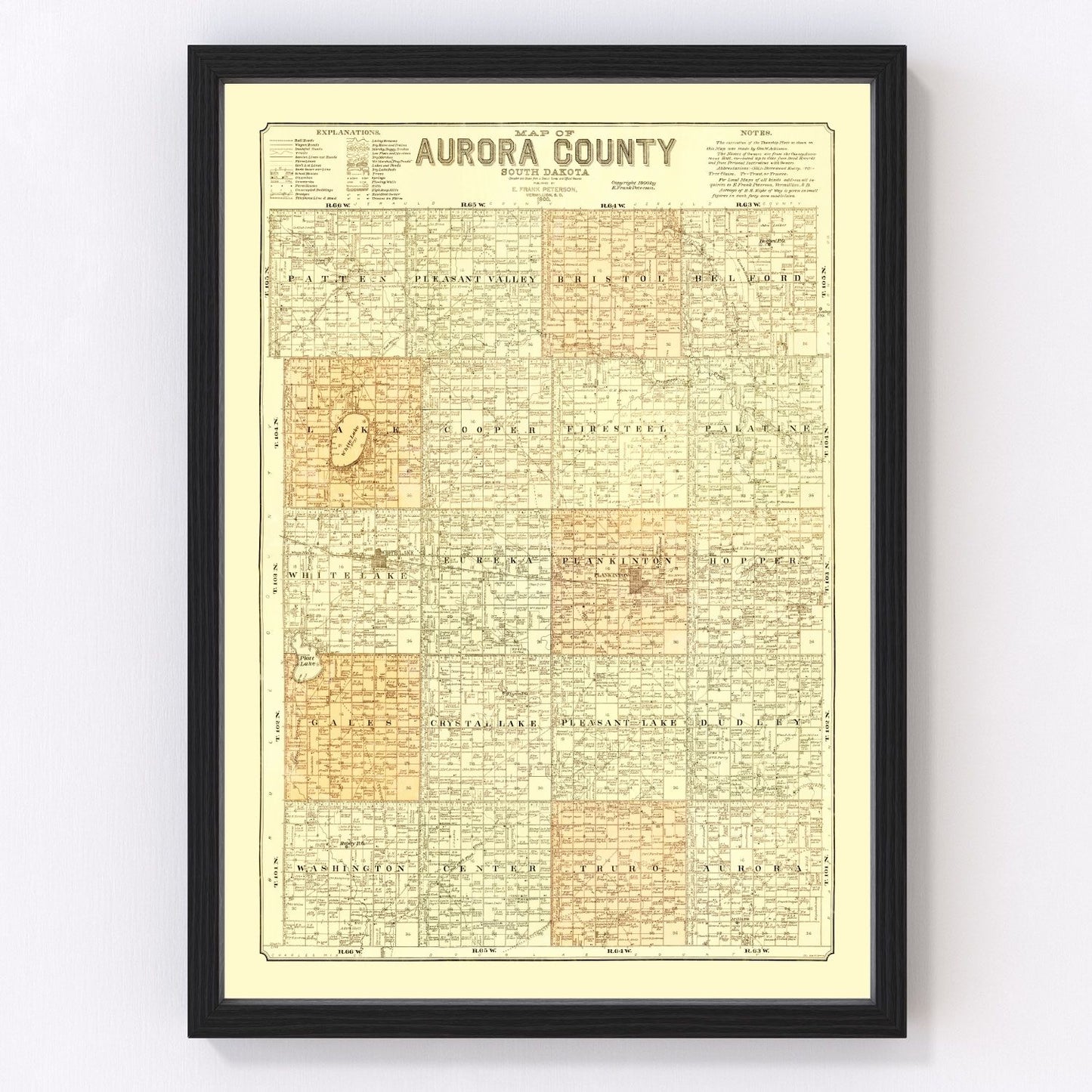 Vintage map of Aurora County, South Dakota, 1900, Plankinton area restored print