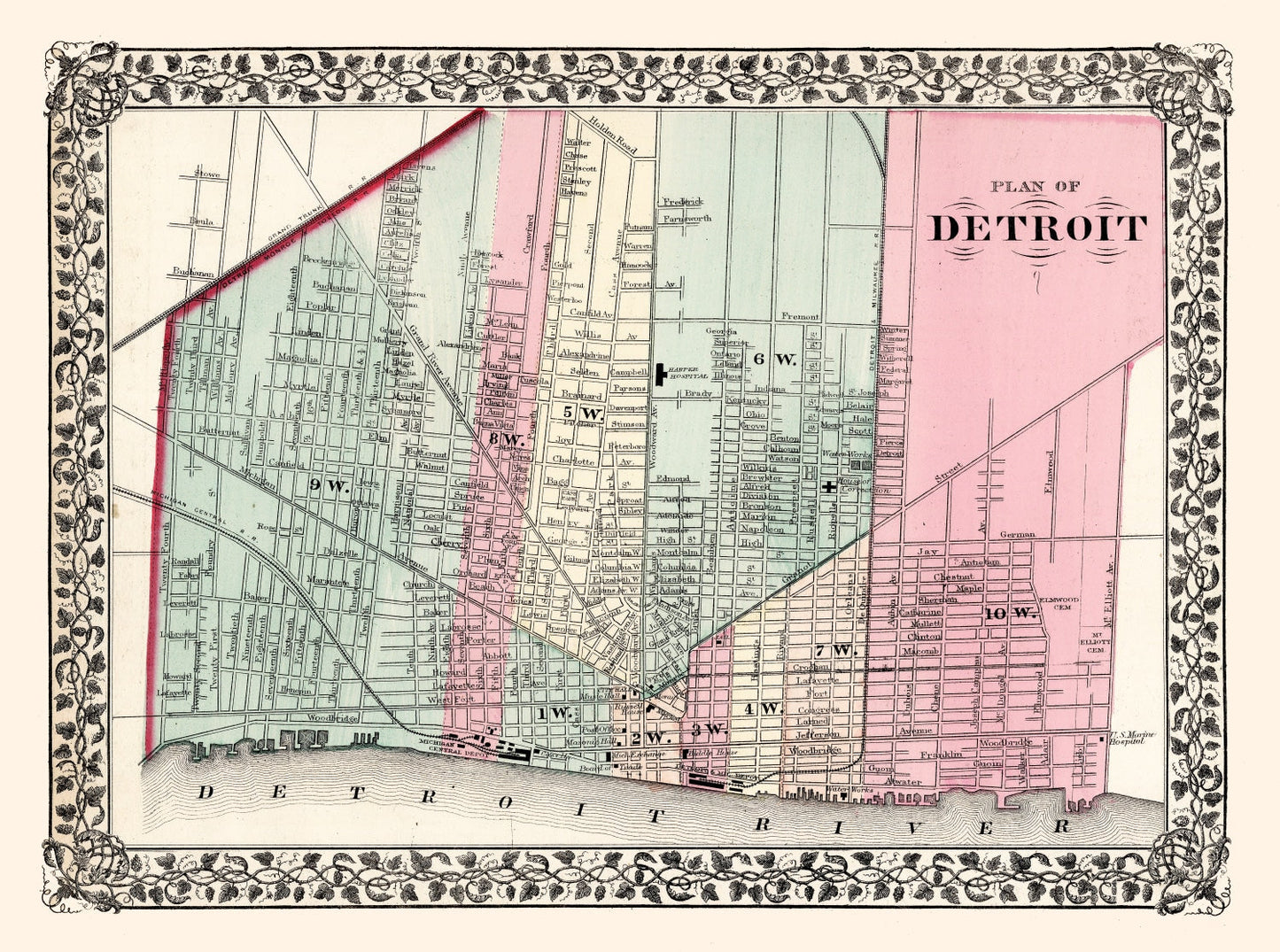 Vintage Map of Detroit, Michigan 1877