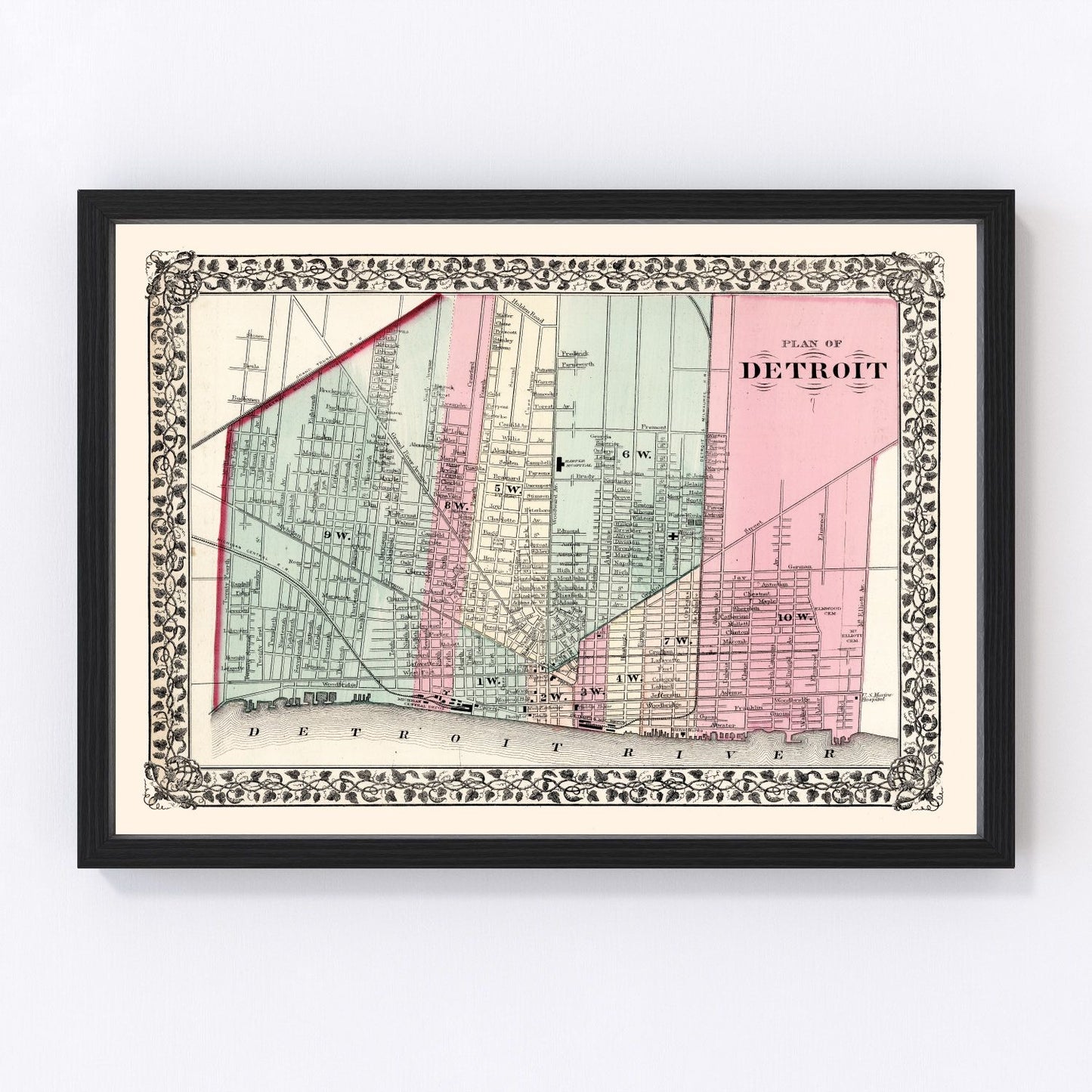 vintage map of Detroit, Michigan, 1877