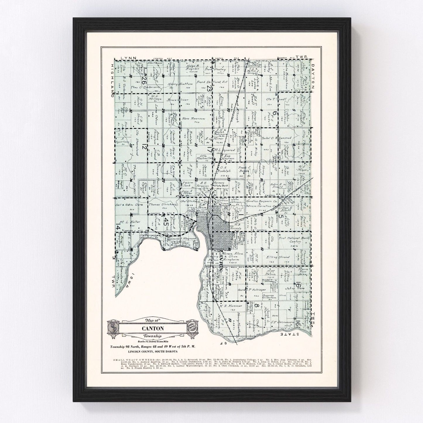 Vintage map of Canton Township, Lincoln County, South Dakota, 1929, restored print