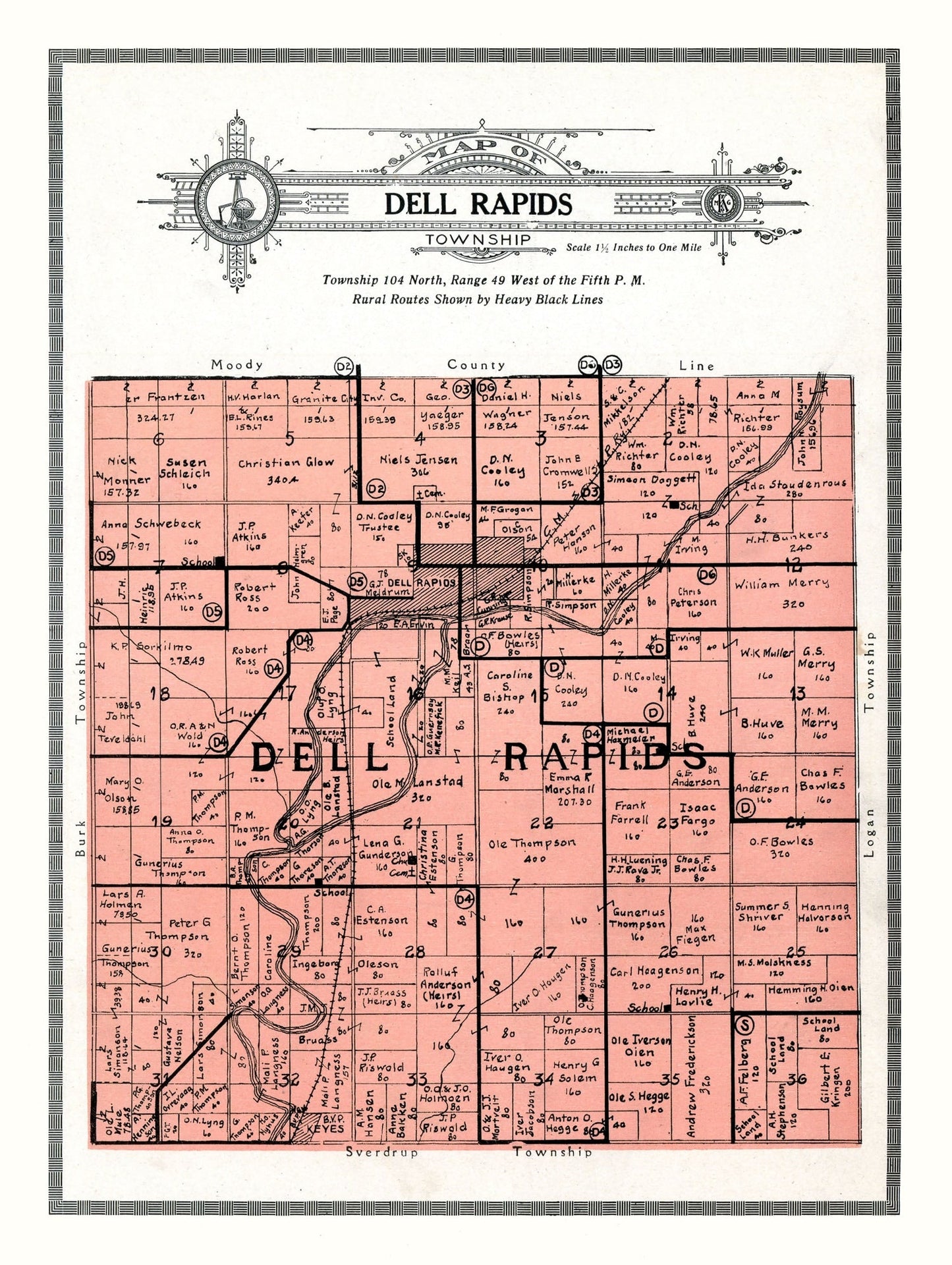 Vintage Map of Dell Rapids Township, South Dakota, 1913