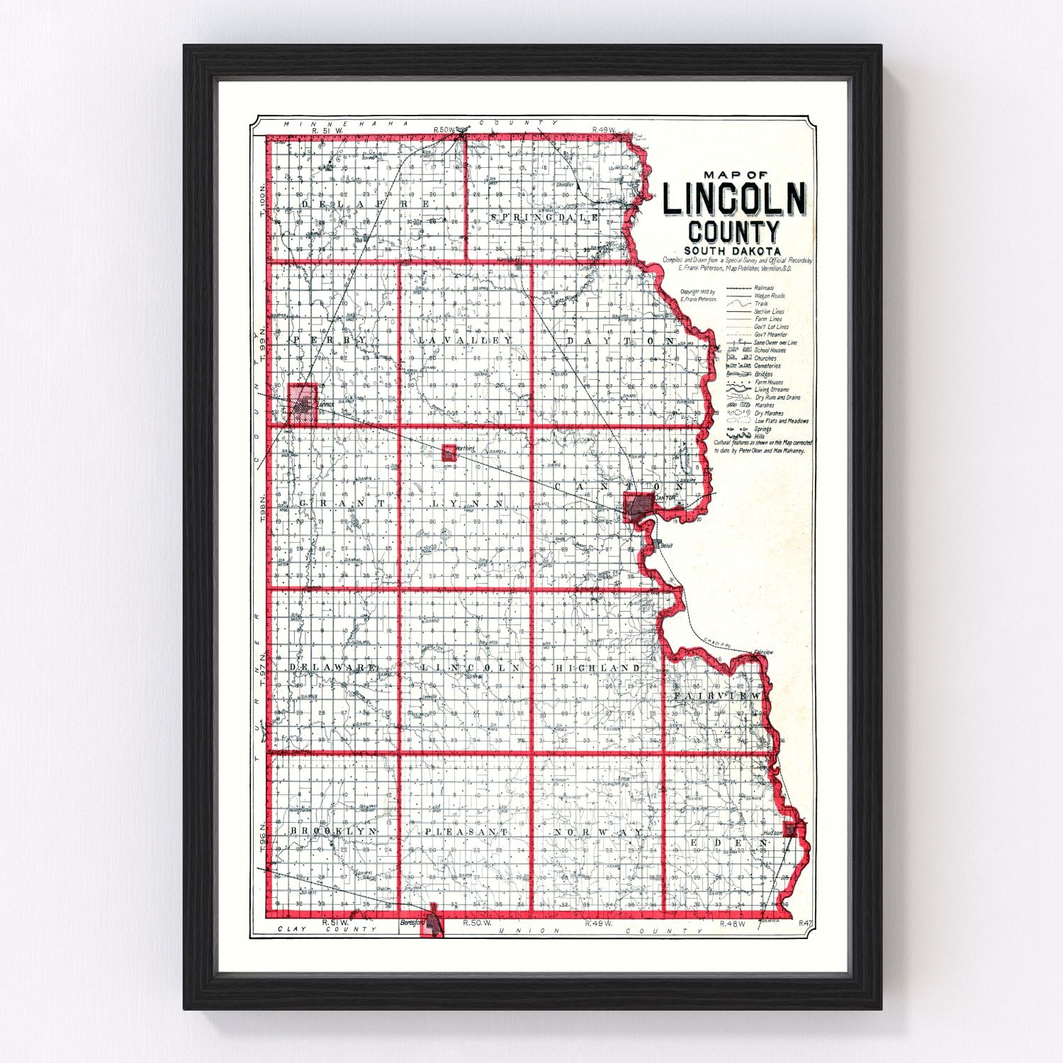 vintage map of Lincoln County, South Dakota, Canton and Harrisburg, 1904