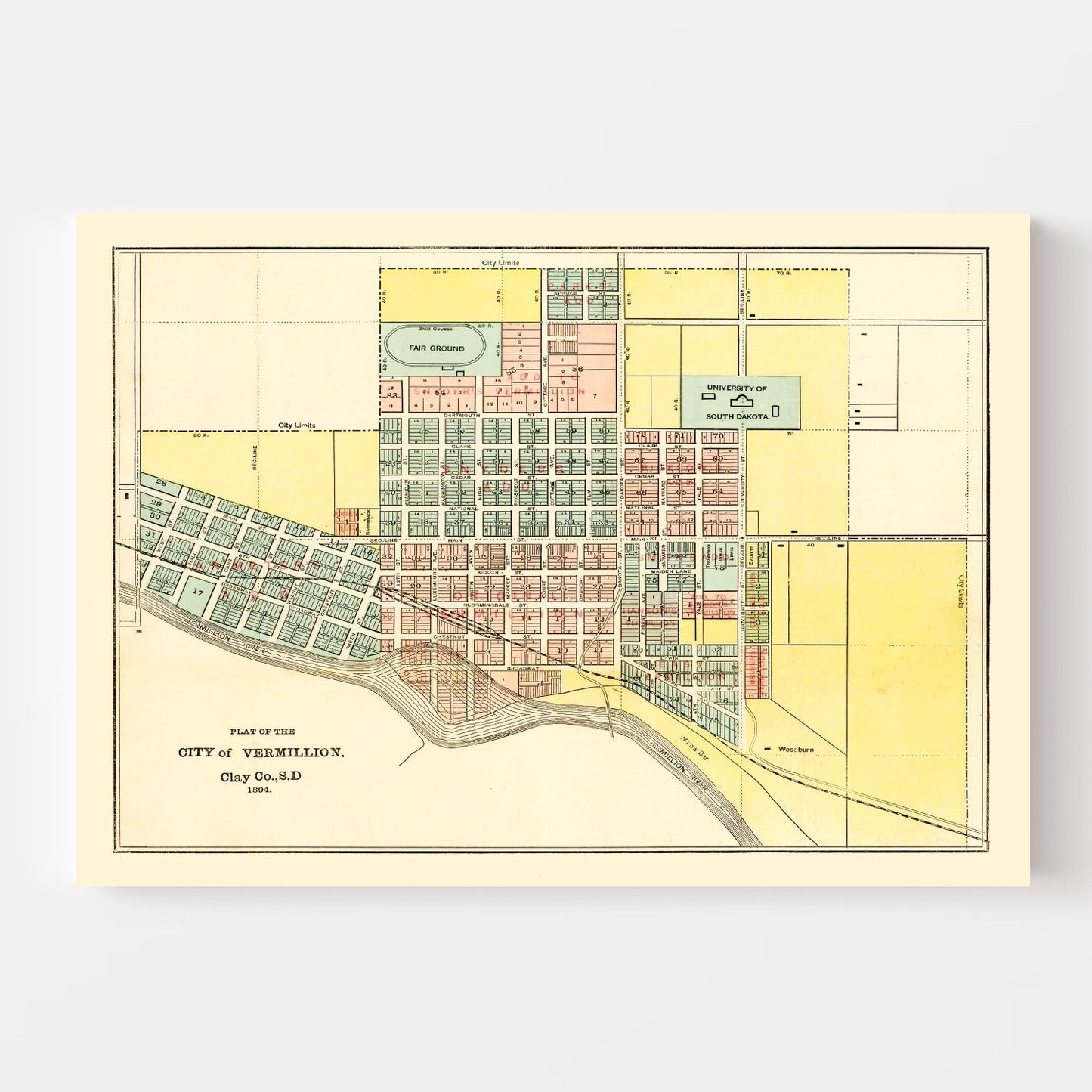 Vintage Map of Vermillion, South Dakota, 1894