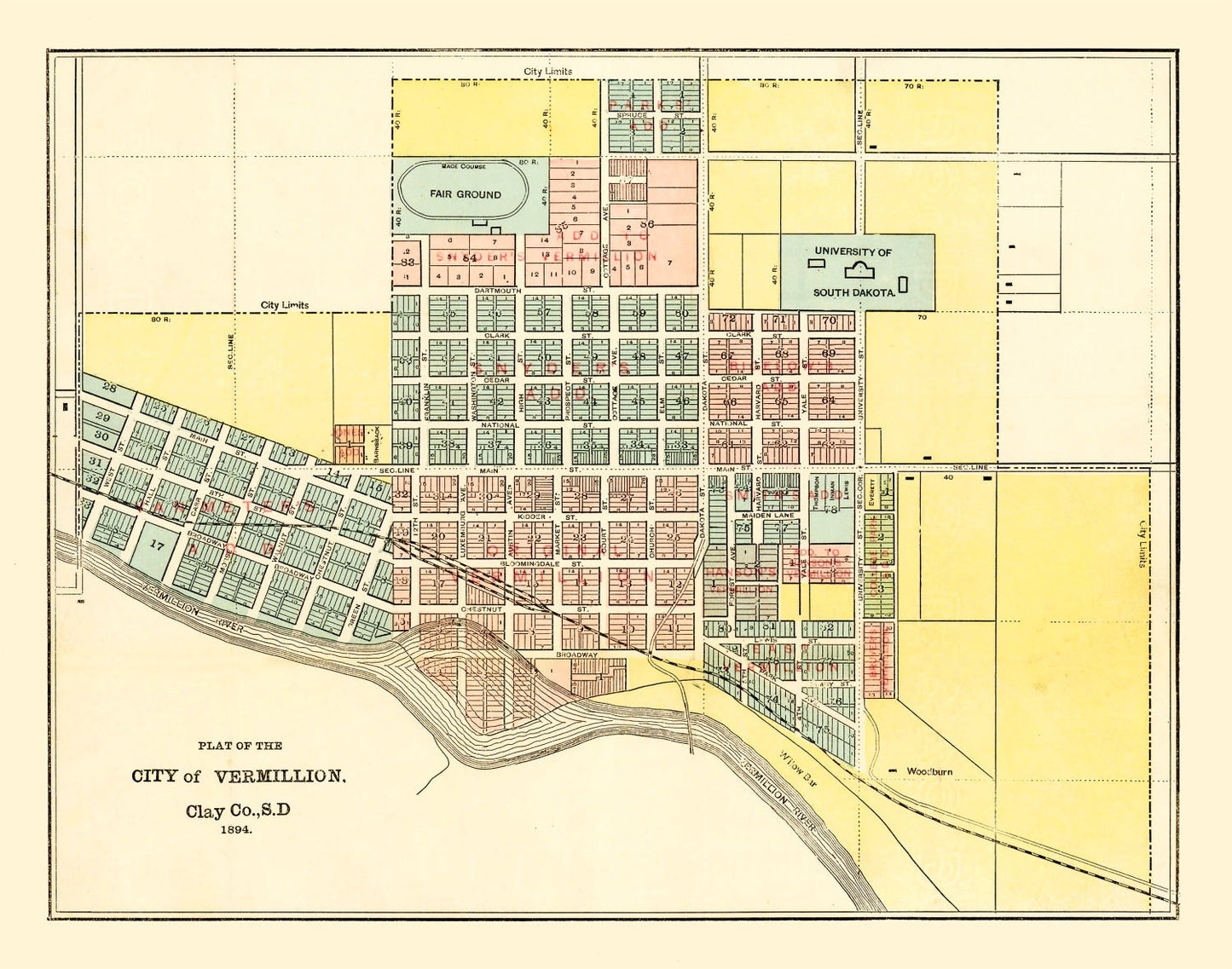 Vintage Map of Vermillion, South Dakota, 1894