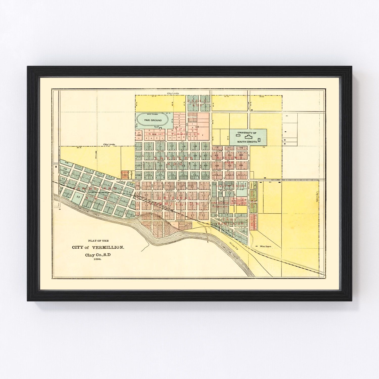 Vintage map of Vermillion, South Dakota, 1894