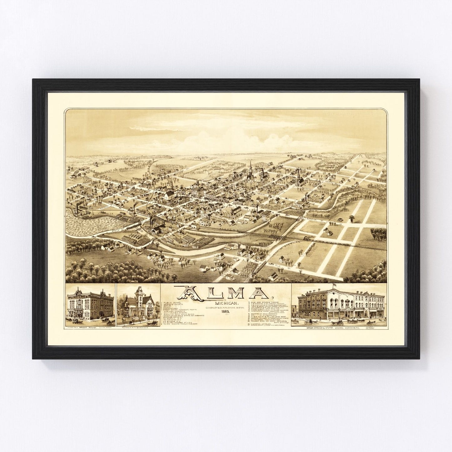 Vintage map of Alma, Michigan, 1885 - Gratiot County Pine River town survey print