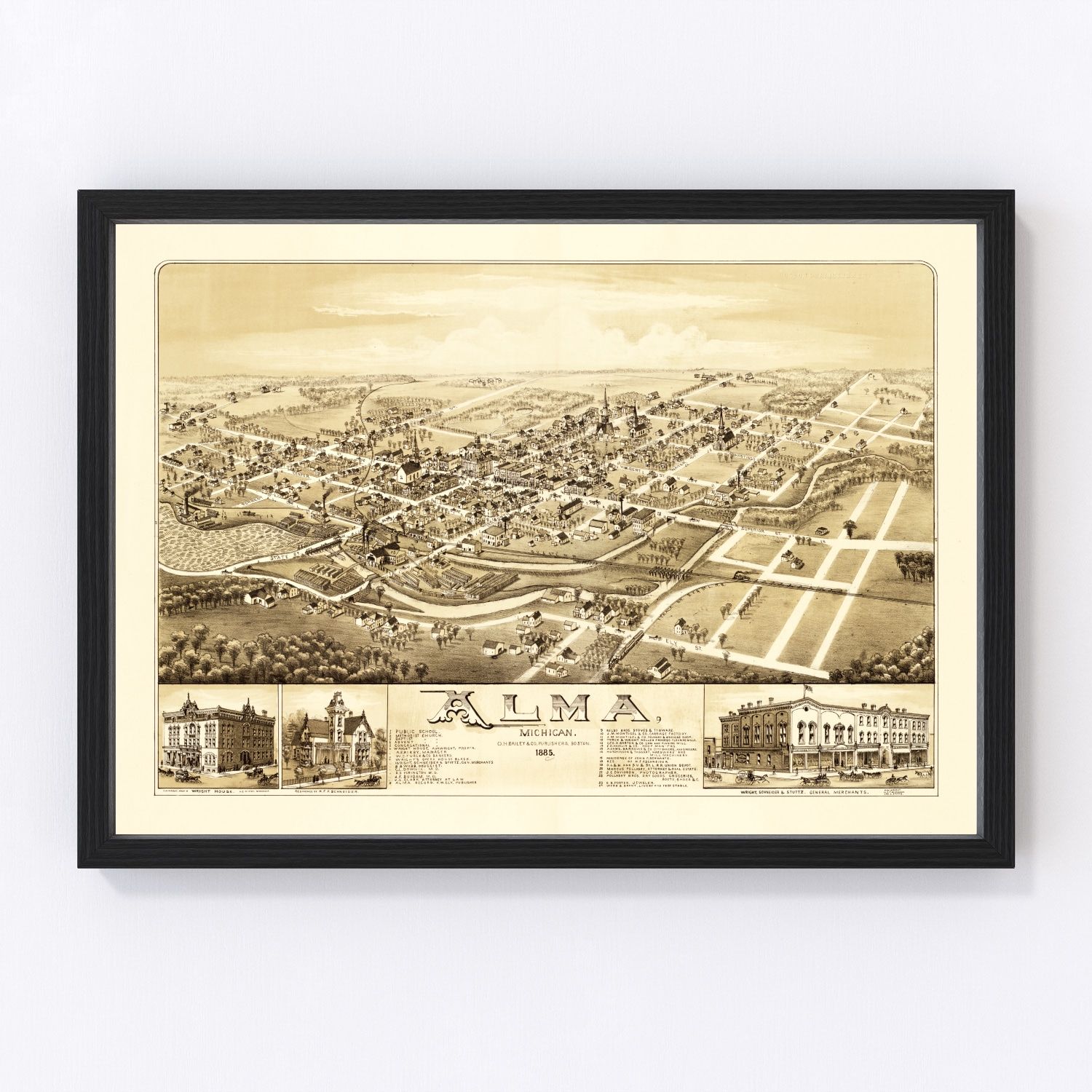 Vintage map of Alma, Michigan, 1885 - Gratiot County Pine River town survey print