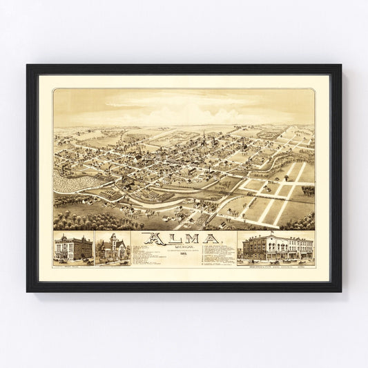 Vintage map of Alma, Michigan, 1885 - Gratiot County Pine River town survey print