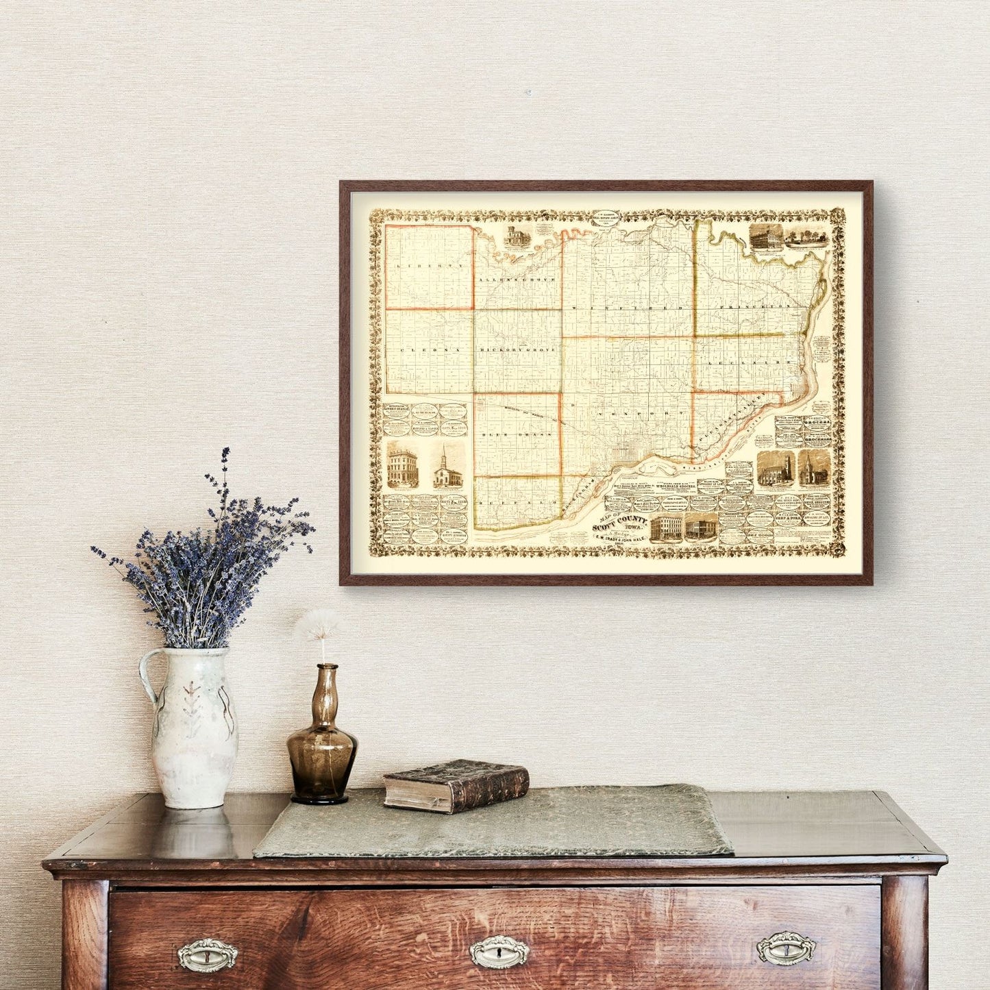 Vintage Map of Scott County, Iowa, 1860