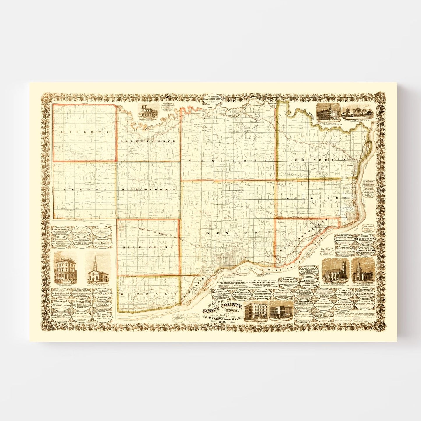 Vintage Map of Scott County, Iowa, 1860