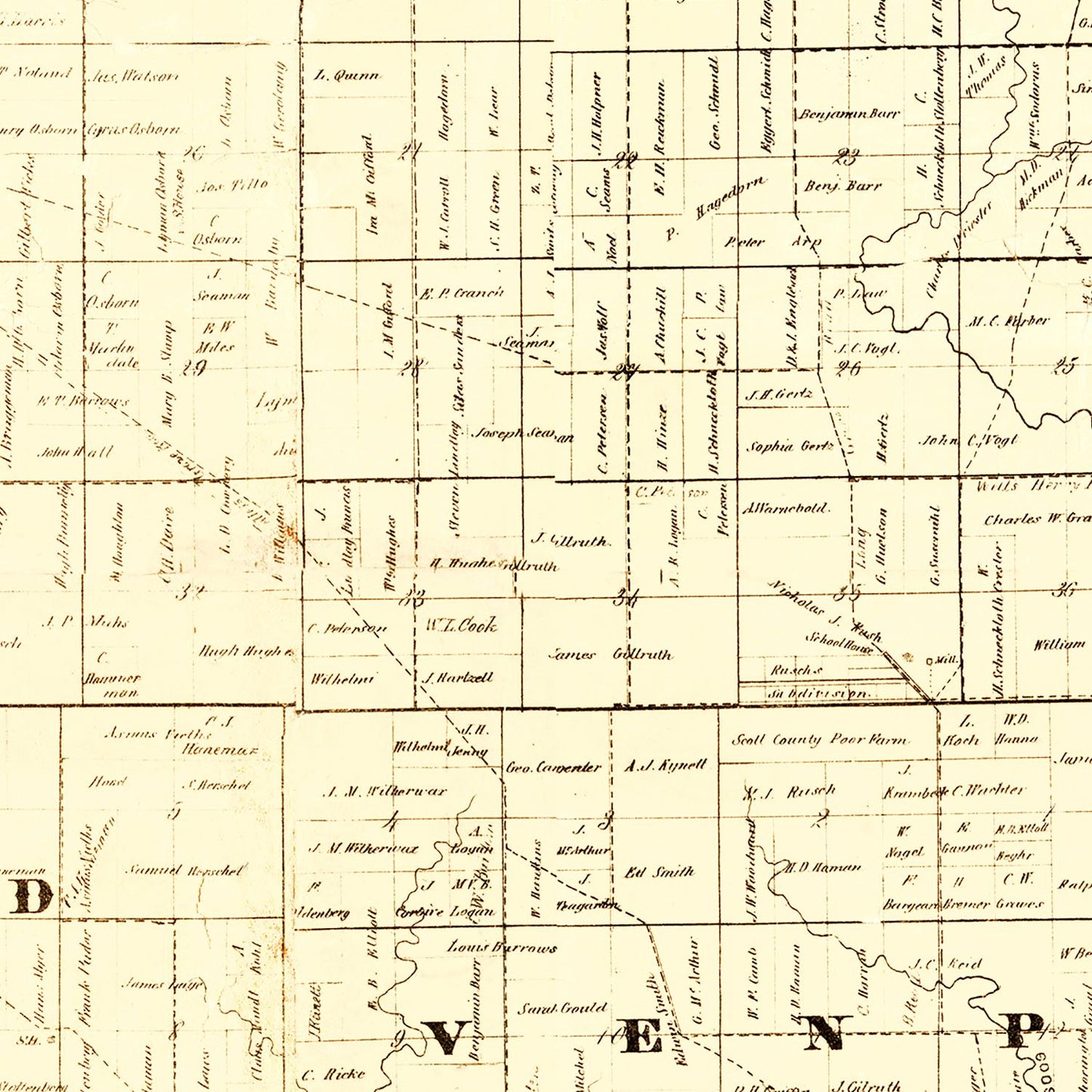 Vintage Map of Scott County, Iowa, 1860