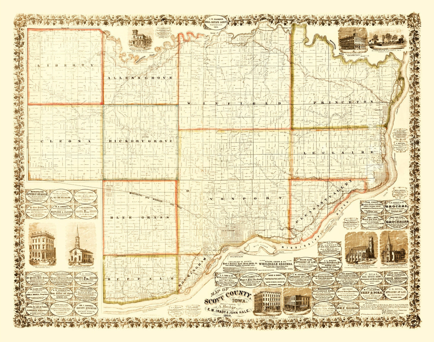 Vintage Map of Scott County, Iowa, 1860